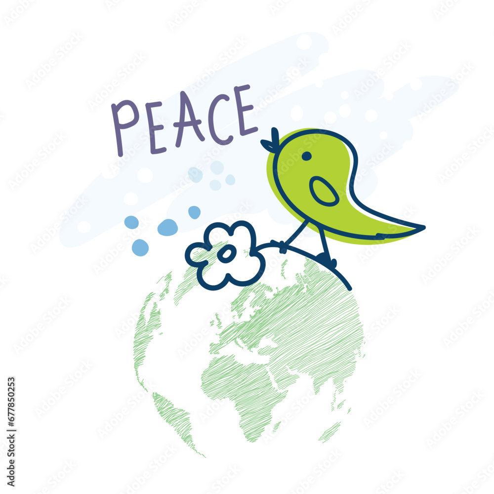 International Day of Peace. Bird, globe, flowers, heart continuous drawing. Concept of love, peace and kindness. Text. Vector web banner International Day of Peace. Bird, globe, flowers, heart continuous drawing. Concept of love, peace and kindness. Text. Vector web banner