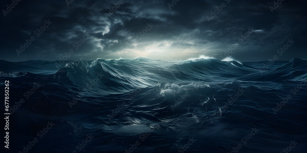 Illustration of ocean water at night, abstract background 