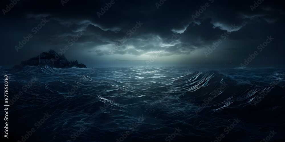 Illustration of ocean water at night, abstract background 