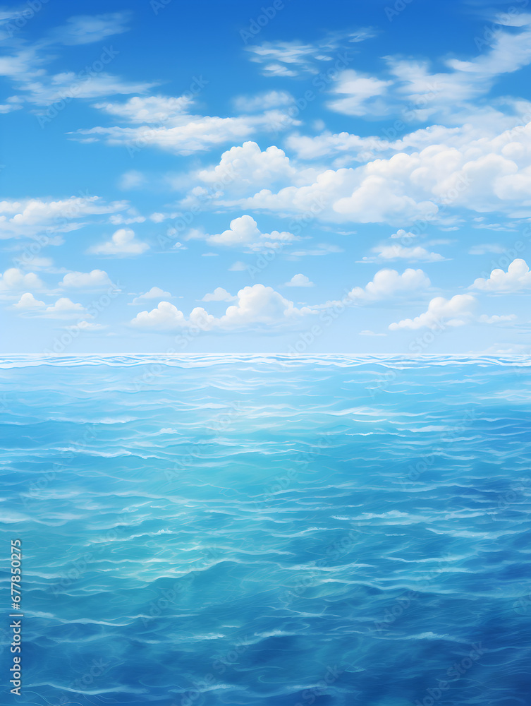 Blue ocean water and blue sky with clouds, background Blue ocean water and blue sky with clouds, background