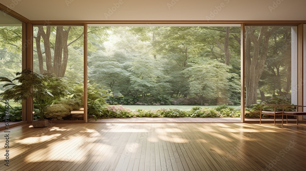 Obraz premium Wnętrze pokoju z dużym oknem tarasowym z widokiem na ogród