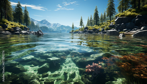 Majestic mountain peak reflects in tranquil pond generated by AI