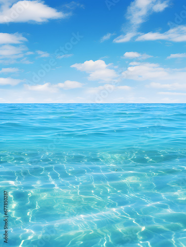 Blue ocean water and blue sky with clouds, background 