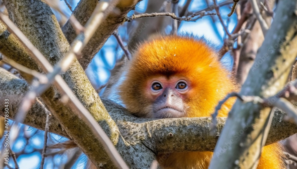 Fototapeta premium Young macaque sitting on branch, furry head looking at foreground generated by AI