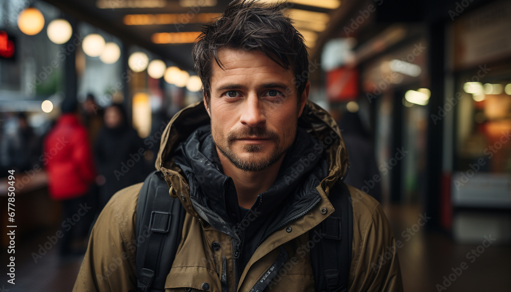 A confident young man exploring the city, smiling and walking generated by AI A confident young man exploring the city, smiling and walking generated by AI