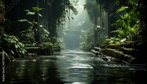 Mysterious tropical rainforest  beauty in nature wet darkness generated by AI