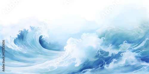 Watercolor illustration of blue ocean with waves, abstract background