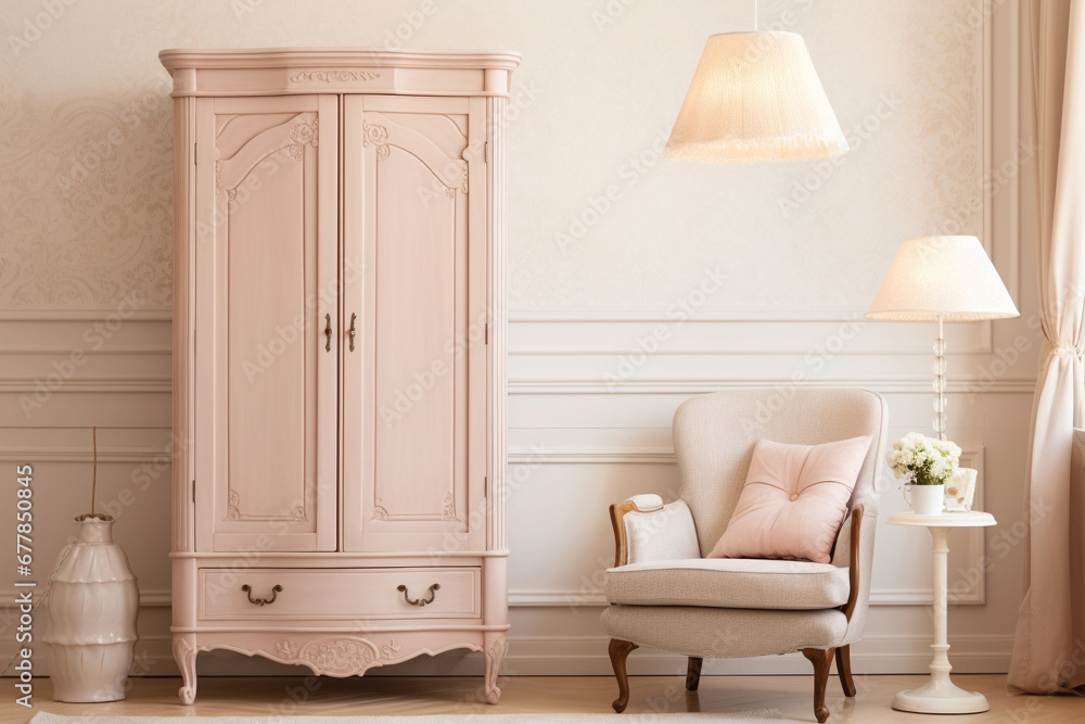 French provincial wardrobe decorating a traditional bedroom in soft pastel colors - obrazy, fototapety, plakaty 