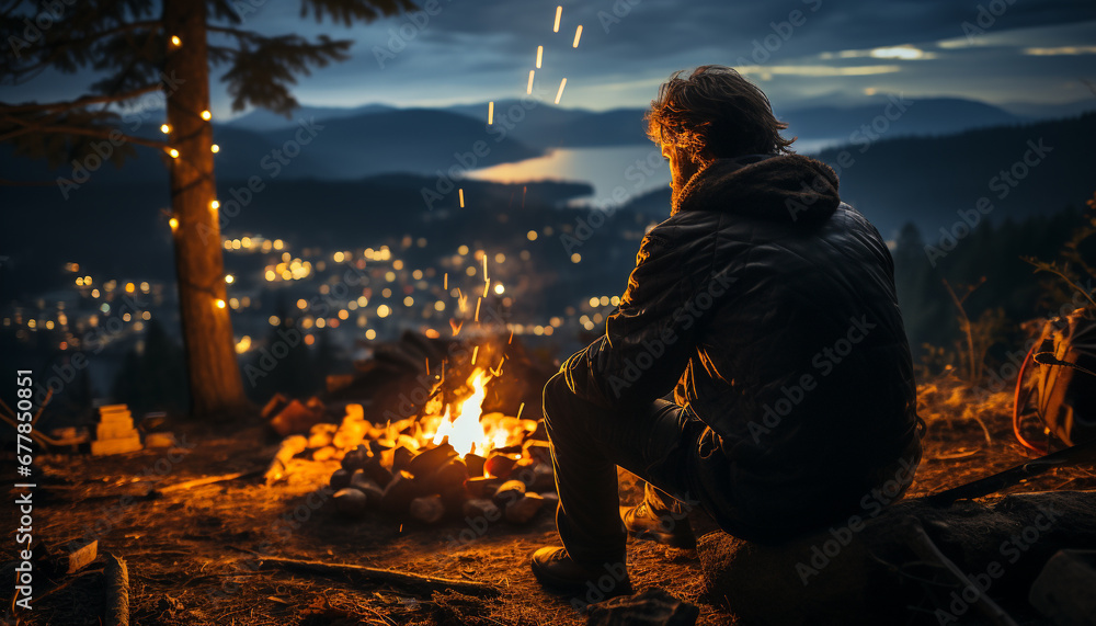 A lone adult sits by the campfire, enjoying the glowing flames generated by AI