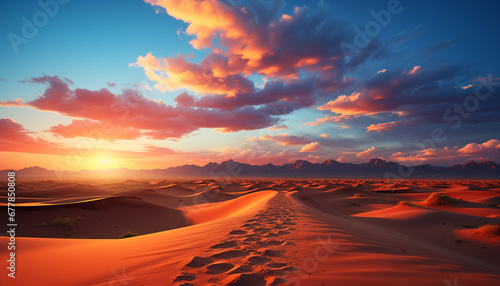 Sunset over sand dunes, nature tranquil beauty generated by AI © Jemastock