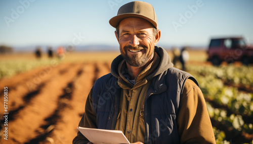 Smiling farmer working outdoors, looking at camera generated by AI