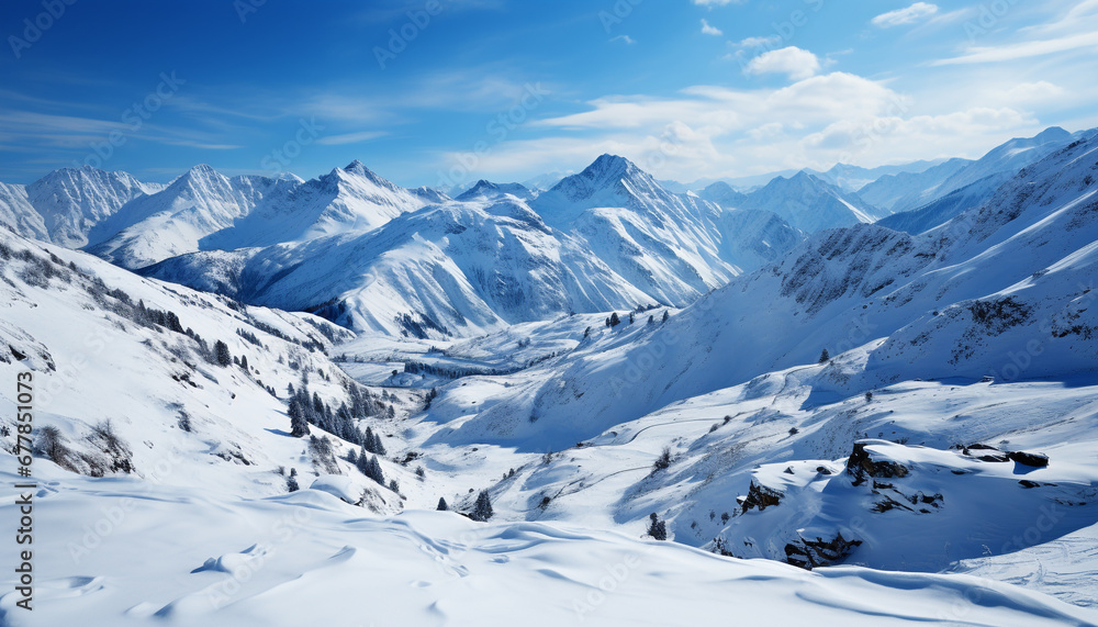 Snow covered mountain peak in tranquil winter landscape generated by AI