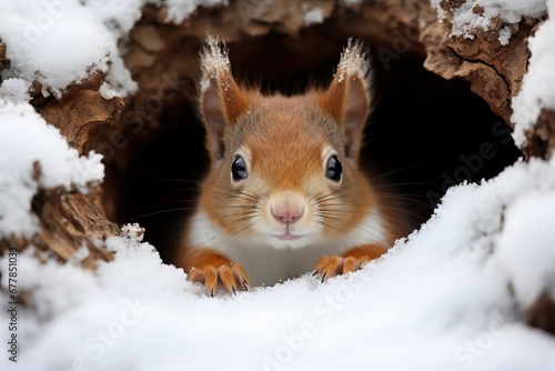 A cute squirrel peeks out from a snowy hollow, showcasing its wintry habitat