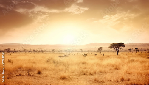 Safari animals roam the African plain at sunset, wild beauty generated by AI