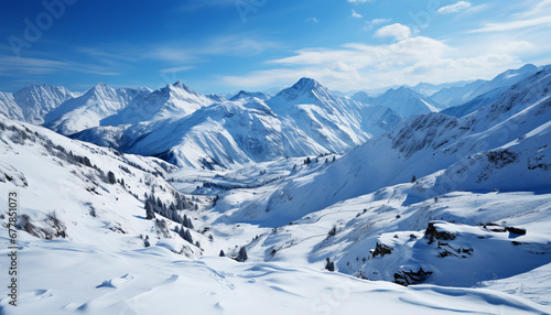 Snow covered mountain peak in tranquil winter landscape generated by AI