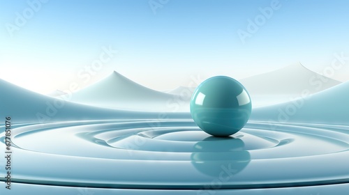 Surreal landscape with a blue ball on water creating ripples  set against a backdrop of minimalist icy peaks