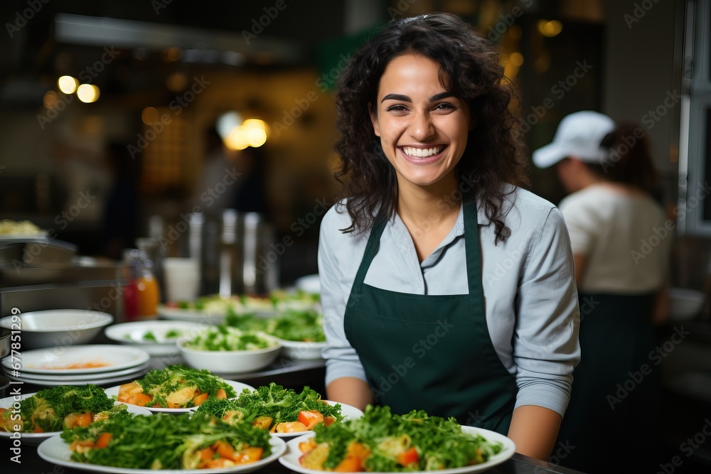 A radiant female chef with a welcoming smile presenting a selection of fresh, healthy salads.
