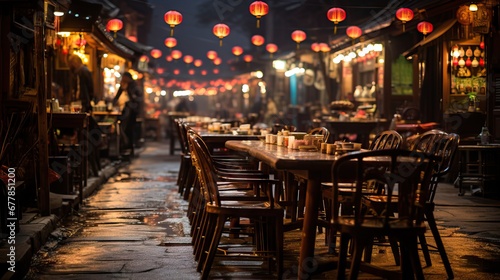 Old-style night market scene with glowing lanterns and empty wooden chairs