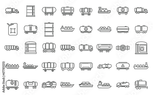 Gasoline tanker icons set outline vector. Oil ship fuel. Cargo industry