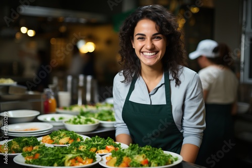 A radiant female chef with a welcoming smile presenting a selection of fresh  healthy salads.