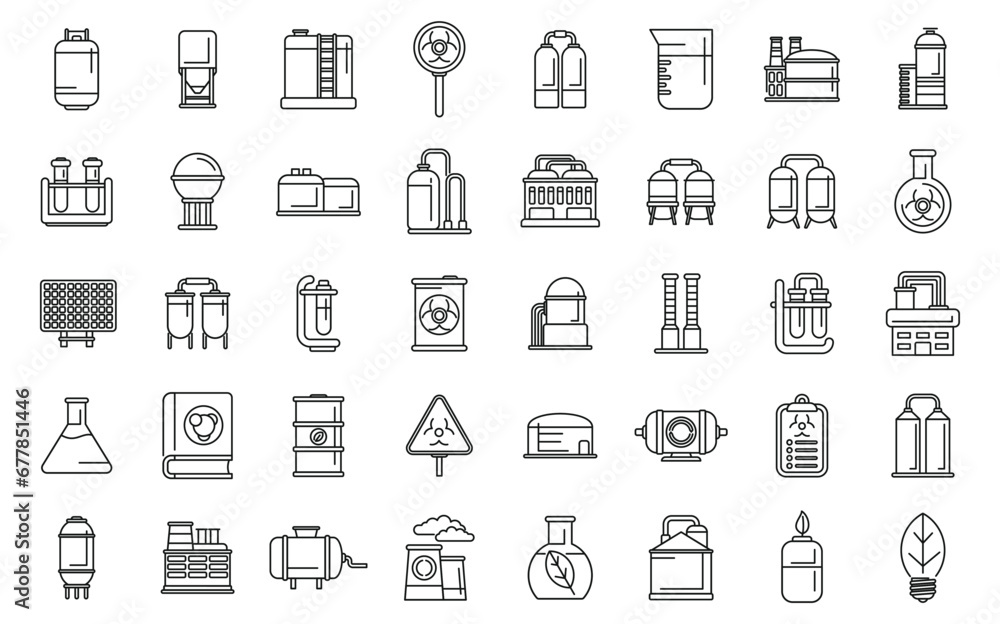 Biological station icons set outline vector. Biogas cycle. Waste energy fuel