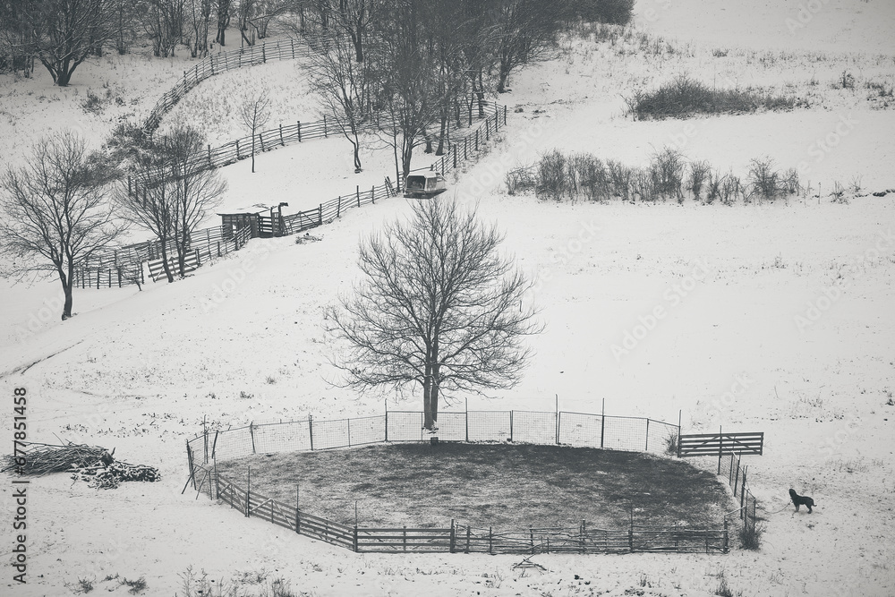 rural winter landscape in the hill area with households and human activities