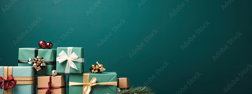 gift boxes on green background with copy space gift boxes on green background with copy space