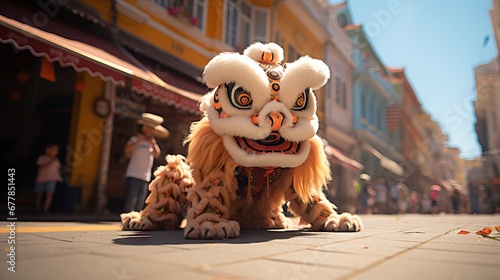A vibrant and energetic lion dance captured mid-performance in a bustling street scene photo