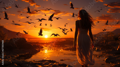 Serene Beauty: A Woman in a White Dress Embracing the Sunset on a Dreamy Beach