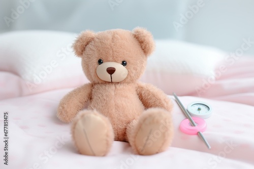 Teddy bear with thermometer on bed. Children healthcare concept. Generative AI