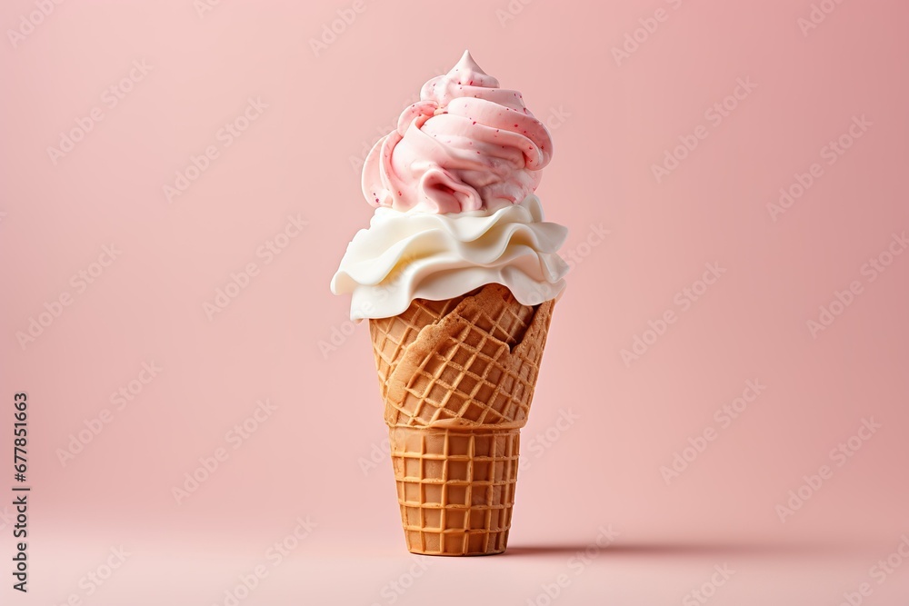 strawberry ice cream, white ice cream cone on a pink background strawberry ice cream, white ice cream cone on a pink background