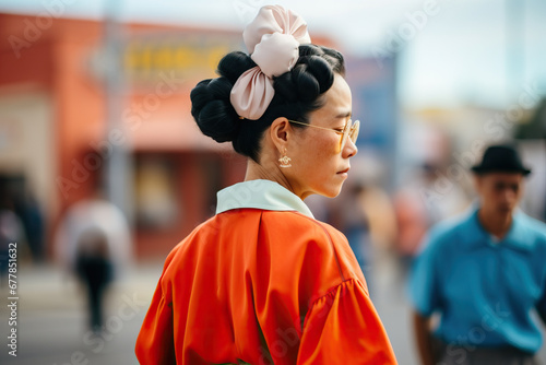 A woman in traditional attire with a modern twist walks through a busy street