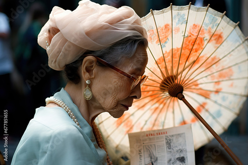 A graceful senior woman in stylish attire with a vintage parasol at an outdoor event