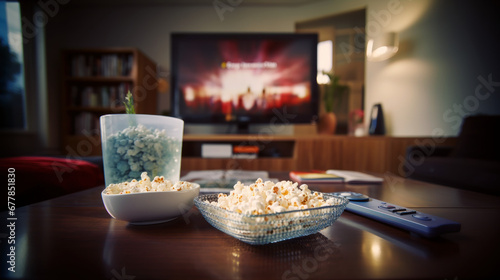 télécommande de télé et popcorn posés sur une table basse, ce soir c'est soirée cinéma à la maison photo
