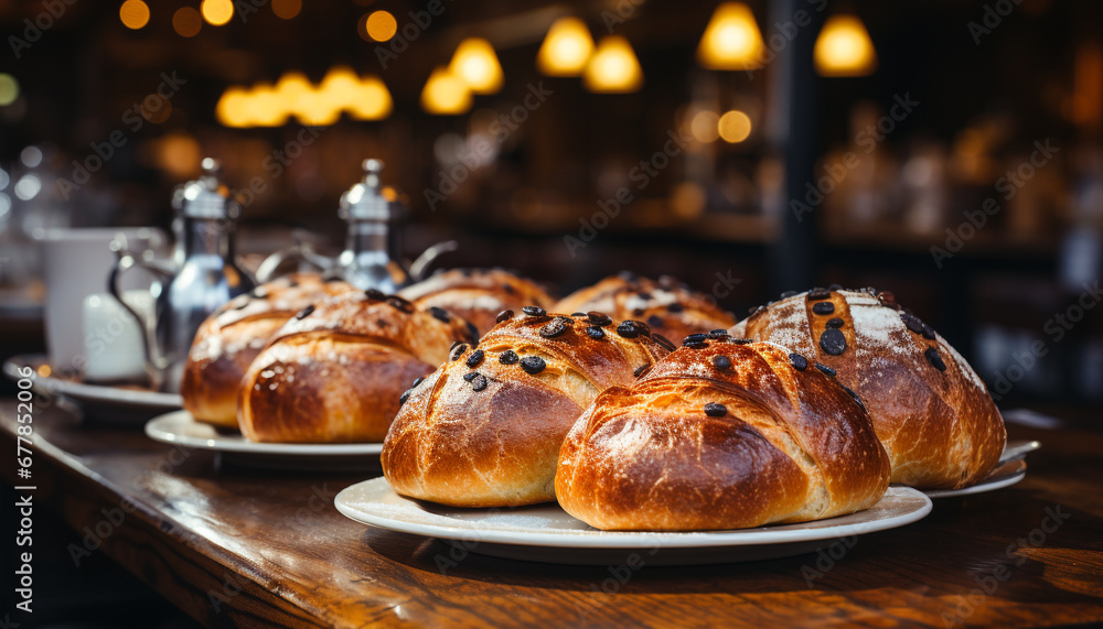 Freshly baked croissant on wooden table, a sweet indulgence generated by AI Freshly baked croissant on wooden table, a sweet indulgence generated by AI