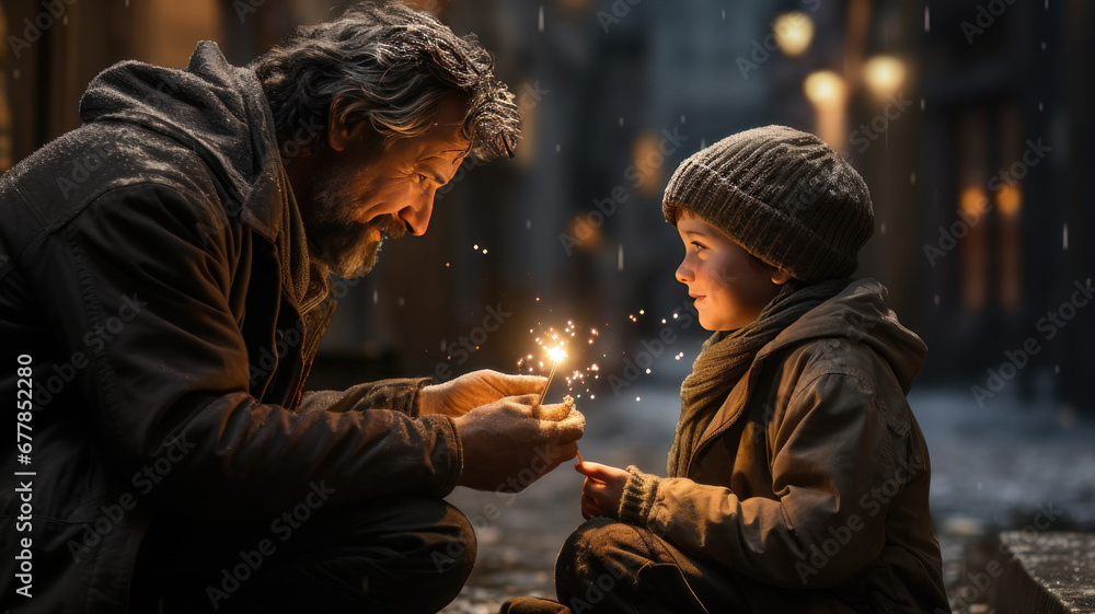 Kind Act: Boy Offering a Gift to a Homeless Men Kind Act: Boy Offering a Gift to a Homeless Men