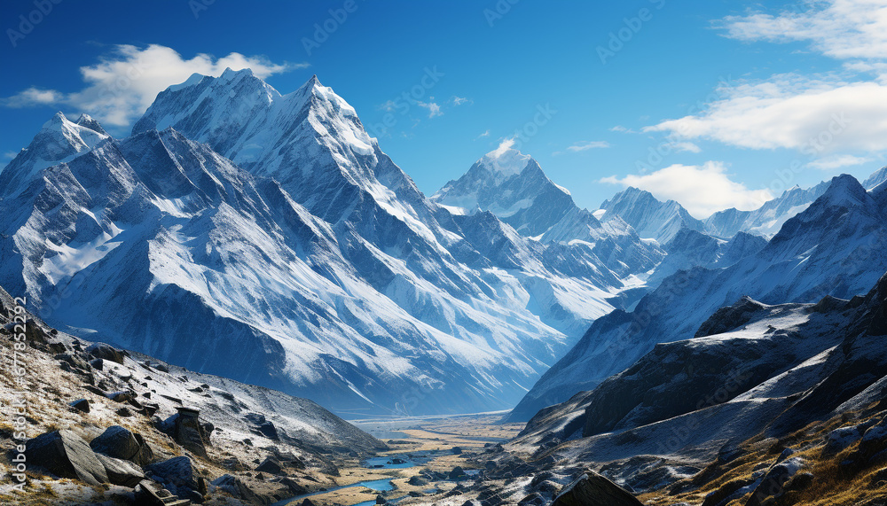 Majestic mountain peak, snow covered, tranquil landscape generated by AI