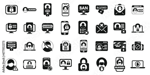 Account blocking icons set simple vector. Ban delete. Block atm bank