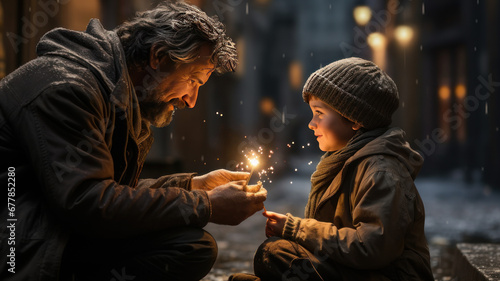 Kind Act: Boy Offering a Gift to a Homeless Men