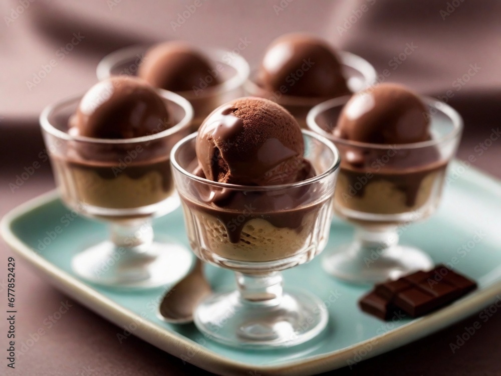 Chocolate ice cream in a glass cup on a blurred background. Chocolate ice cream in a glass cup on a blurred background.