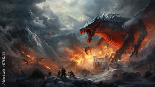 an epic battle between ice and fire dragons in a snowy landscape  with their breath creating clouds of frost and flame