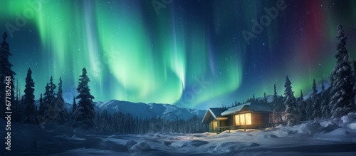 Winter landscape of snowy night alone house in the distance and aurora in the nightsky © RMedia