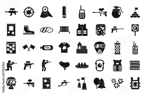 Paintball icons set simple vector. Action player. Military shooting extreme
