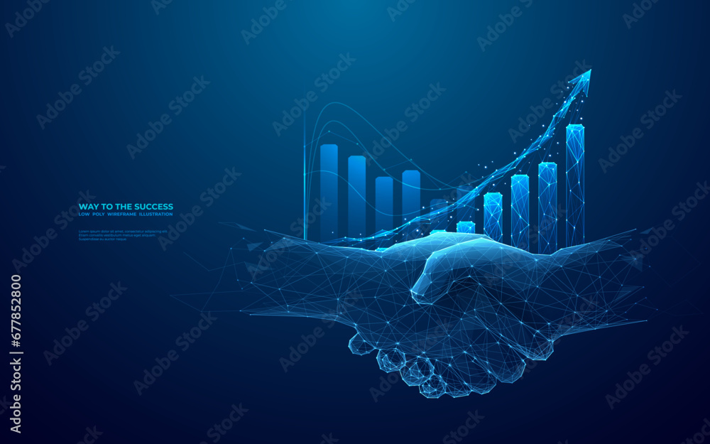 Chart graph with up arrow hologram and businessmen handshake on technology background. Rise chart bar. Stock market or growth business concept. Digital low poly light blue style. Vector illustration. - obrazy, fototapety, plakaty 