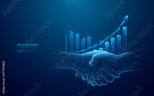 Chart graph with up arrow hologram and businessmen handshake on technology background. Rise chart bar. Stock market or growth business concept. Digital low poly light blue style. Vector illustration.