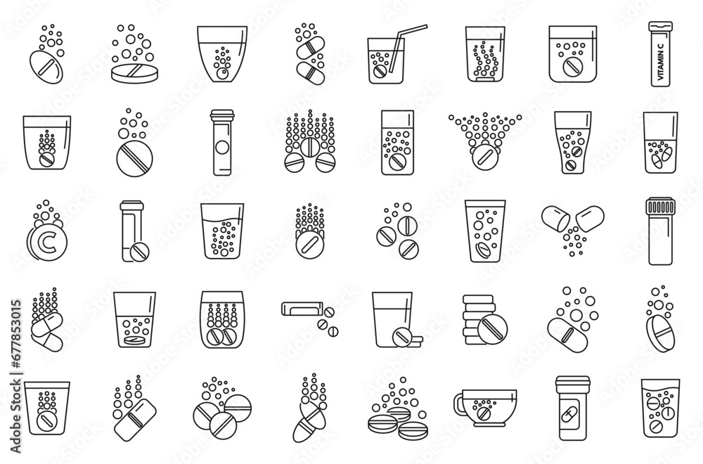 Effervescent tablets icons set outline vector. Water pill. Cup drug aspiring - obrazy, fototapety, plakaty 