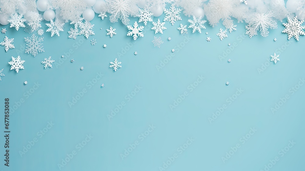 a frame using delicate snowflakes on a pastel background, capturing the essence of winter, a flat lay with a top view, ensuring there's ample copy space for additional elements. a frame using delicate snowflakes on a pastel background, capturing the essence of winter, a flat lay with a top view, ensuring there's ample copy space for additional elements.