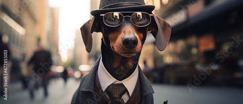 A dachshund dog wearing a suit and tie. Generative AI. photo