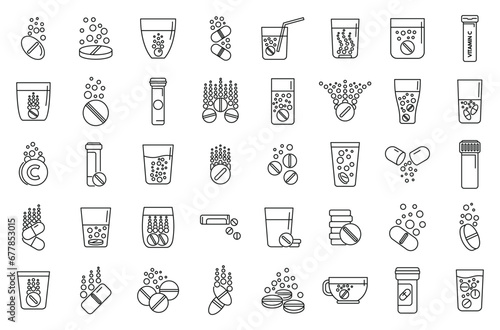 Effervescent tablets icons set outline vector. Water pill. Cup drug aspiring photo