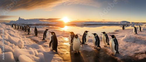 A group of penguins walking along a snow covered beach. Generative AI. photo